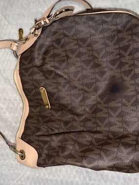 Designer-Inspired Brown Patterned Shoulder Bag with Pale Pink Trim